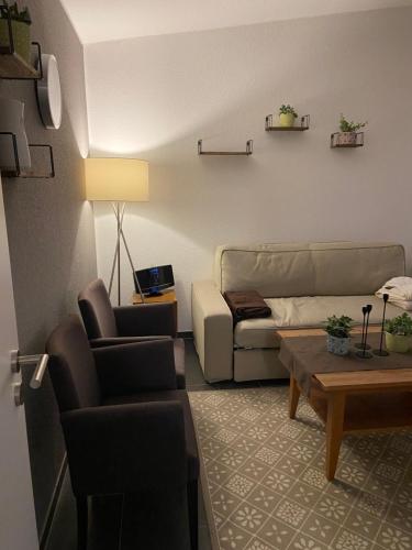 a living room with a couch and a table at Modernes Ferienhaus E25, 2-6 Pers keine Monteure in Lichtenau