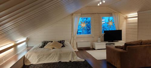 ein Schlafzimmer mit einem Bett und einem TV in einem Zimmer in der Unterkunft Aada Villa by the slopes in Syöte