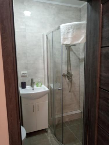a bathroom with a shower and a sink at Hotel Osher in Bukovel