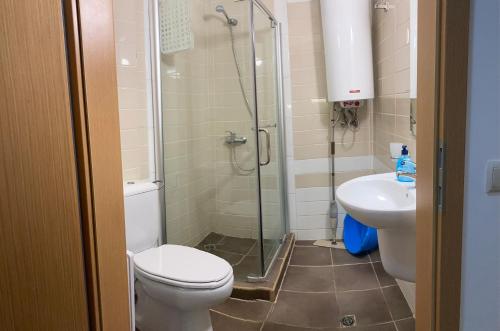 W łazience znajduje się prysznic, toaleta i umywalka. w obiekcie Studio Pirin Golf in Local Stay Bansko w mieście Razłog