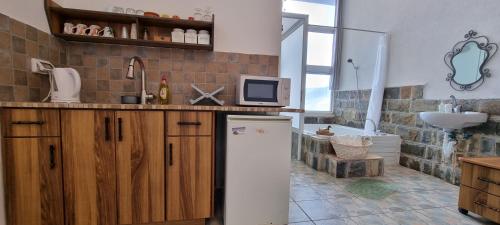a kitchen with a refrigerator and a sink at Sanabl Druze Hospitality in Ein Kinya