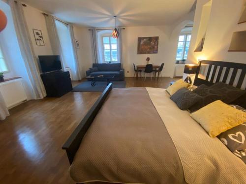 a bedroom with a large bed and a living room at Apartmány Vila Lucia 4 in Pilsen