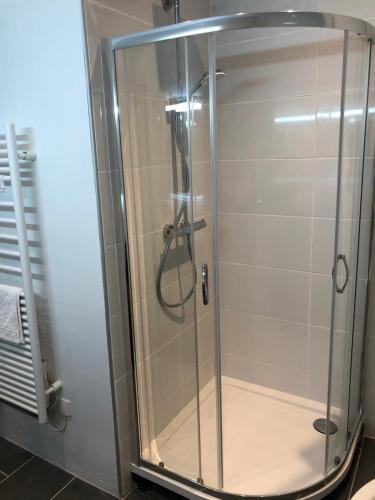 a shower with a glass door in a bathroom at Villa du defens in Saint-Martin-de-Castillon