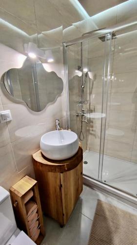 a bathroom with a sink and a shower at La Strada Apartments in Oradea