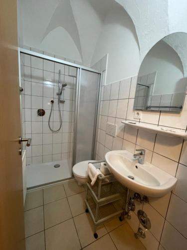 La salle de bains est pourvue d'une douche, d'un lavabo et de toilettes. dans l'établissement Gasthof Goldenes Lamm, à Bressanone