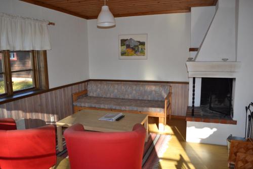 a living room with a couch and a table and a fireplace at First Camp Enåbadet - Rättvik in Rättvik
