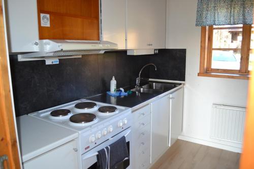 a kitchen with a white stove and a sink at First Camp Enåbadet - Rättvik in Rättvik