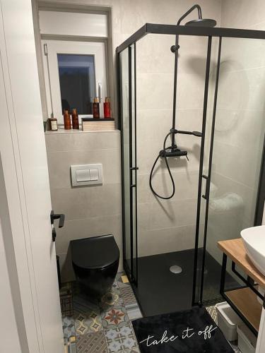 a bathroom with a shower and a black toilet at Kuće za odmor -Japin breg in Ðurđevac