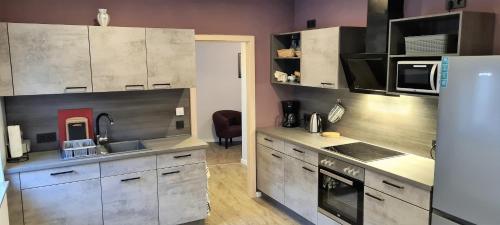 a kitchen with stainless steel cabinets and a microwave at Pension Schmatka Matka in Lutherstadt Eisleben