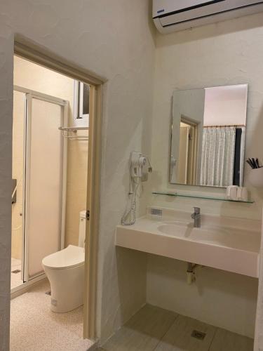 a bathroom with a sink and a toilet and a mirror at 獨棟山水心旅棧 in Kenting