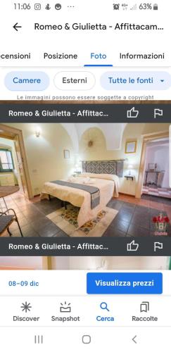 Captura de pantalla de una página web de un dormitorio con cama en Romeo & Giulietta rooms, en Bosa
