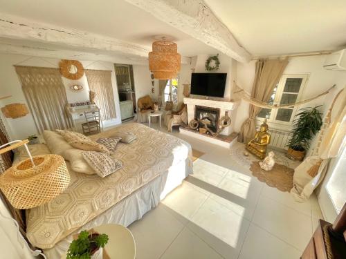 an aerial view of a bedroom with a bed and a fireplace at La Bergerie Barbebelle - Piscine - Proche Tourtour - Gorges du Verdon - Lac de Sainte Croix in Villecroze