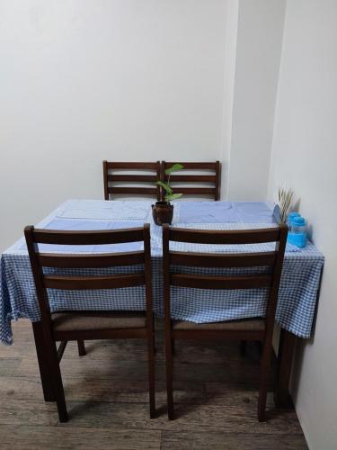シロンにあるBibiana's Apartmentのテーブル(椅子2脚、鉢植え付)