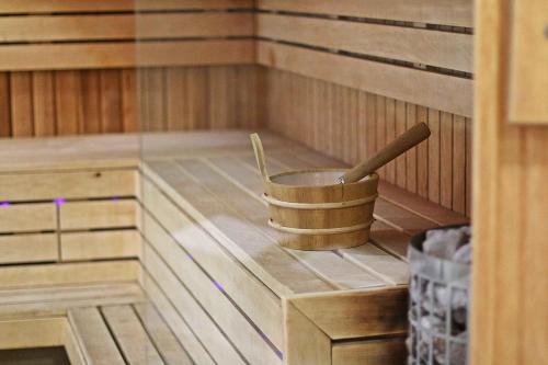 a sauna with a mortar and pestle in it at Thermal Hotel Mosonmagyarovar in Mosonmagyaróvár