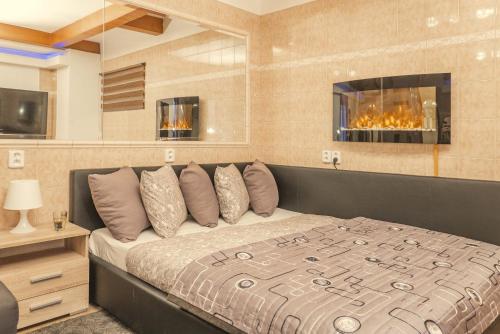 a bedroom with a large bed with a fireplace at Wellness studio! Finnish sauna, Whirlpool, Gym & more! in Prague