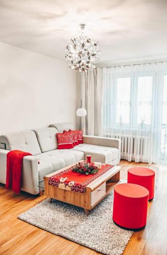 ein Wohnzimmer mit einem Sofa und einem Couchtisch in der Unterkunft Apartament Piaseckiego in Zakopane