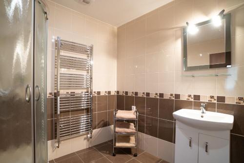 a bathroom with a sink and a shower and a mirror at Saeli Apartments in Mikulov