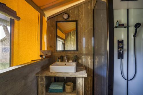 une salle de bain avec un lavabo et un miroir dans l'établissement Village Flottant de Pressac, à Pressac