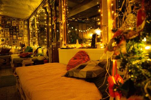 a bedroom with a christmas tree in a room with lights at Fain in Lunca Bradului