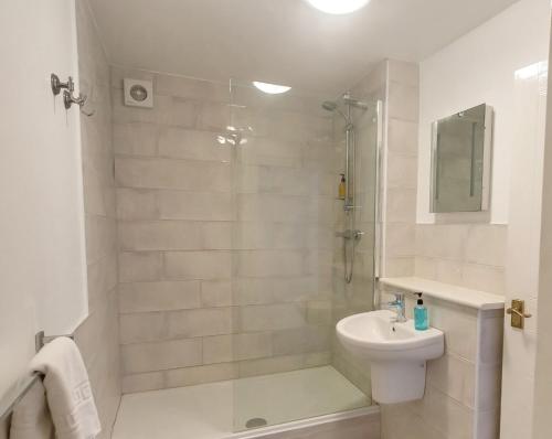 a bathroom with a shower and a toilet and a sink at Self contained, Garden Flat, Montpellier Villas in Cheltenham