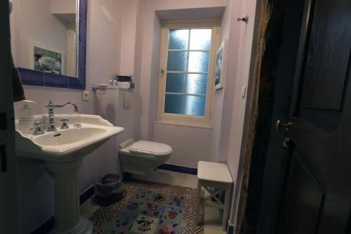 a bathroom with a sink and a toilet and a window at B&B La Boal in Dourgne