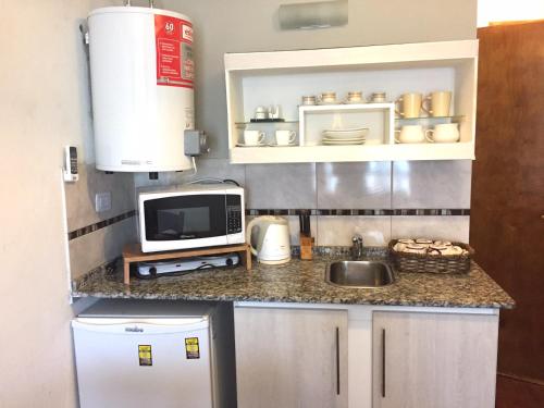 una pequeña cocina con fregadero y microondas en Monoambiente San Lorenzo en San Rafael