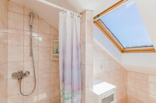 Un baño con ducha y ventana. en Villa Valentina, en Bribir