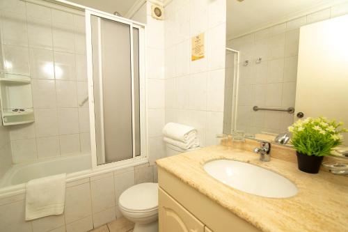 a bathroom with a sink and a toilet and a shower at Hotel del Volcán in Pucón