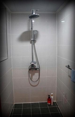 a shower with a shower head in a bathroom at Gangneung Guesthouse Myu in Gangneung