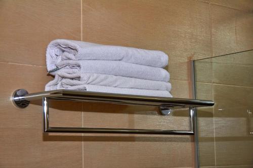 a pile of towels on a towel rack in a bathroom at Hotel Torre del Prado in Barranquilla