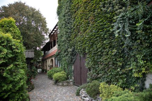 an ivy covered building with a wooden gate and a walkway at Hotel Zameczek in Książ Wielki