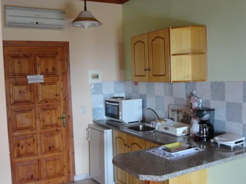 a kitchen with a sink and a microwave at Stamatela Studios in Paleokastritsa