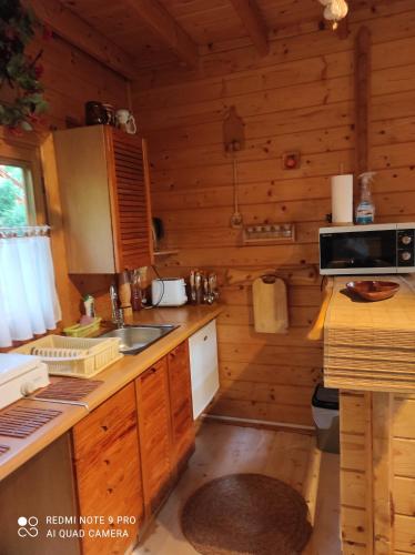 a kitchen in a log cabin with a sink and a microwave at Chatki Saturnina i pokoje in Świnoujście