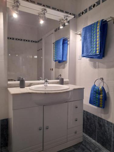 uma casa de banho com um lavatório, um espelho e toalhas azuis em Toki-Goxo em Ezcaray