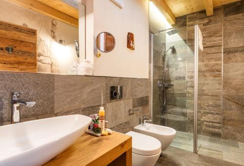 ein Bad mit einem Waschbecken, einem WC und einer Dusche in der Unterkunft Naturapartments Schönfeld in Sexten