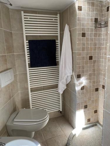 a bathroom with a toilet and a shower at Jack's Nest in Campertogno