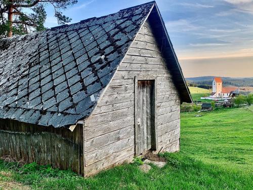 an old wooden building with a black roof in a field at FeWo Fuchs Saig in Lenzkirch