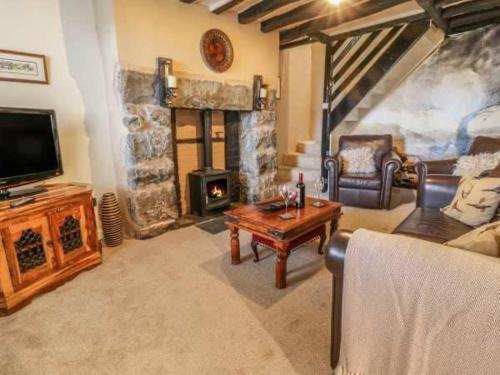 a living room with a couch and a tv and a fireplace at Bryn Y Bwyd Farm House in Barmouth