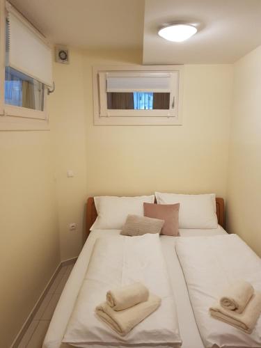 克拉尼斯卡戈拉Apartment Ranc的卧室里有一张白色的大床，床上放着毛巾