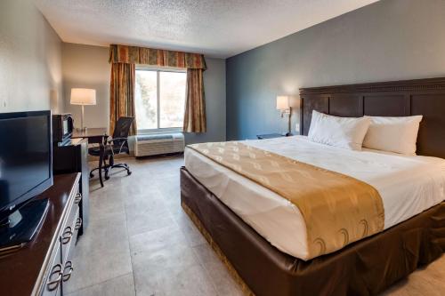 a bedroom with a bed and a desk and a television at SureStay Plus Hotel by Best Western Durham Medical Center in Durham