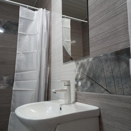 a white bathroom with a sink and a mirror at Три горішки in Yaremche