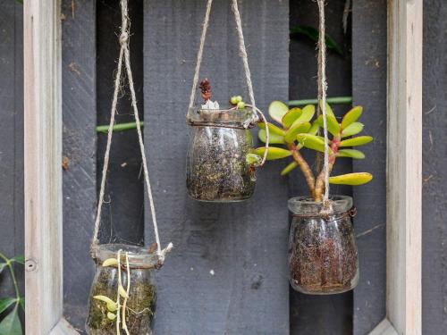 two pots with plants in them hanging from a wall at Point Roadknight Paradise Villa 6 in Anglesea