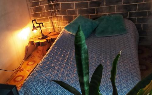 Bett in einem Zimmer mit einer Lampe und einer Anlage in der Unterkunft Fábrica de Experiencias - FINCA COMPLETA 2 personas in Santa Elena