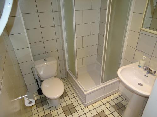 ein Bad mit einem WC, einer Dusche und einem Waschbecken in der Unterkunft Condo Gardens Leuven - Budget Studio Twin in Löwen