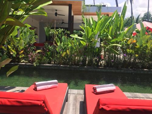 a pool with two red chairs in front of a house at Le Chien Rouge in Lovina