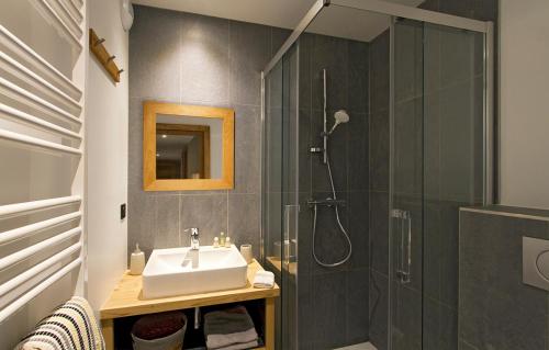 a bathroom with a sink and a shower at Odalys Chalet Chambertin Lodge in Les Deux Alpes