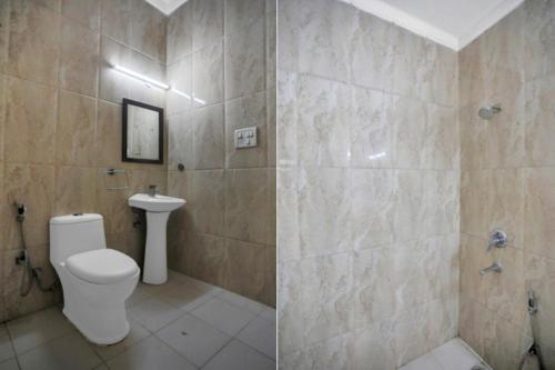 two pictures of a bathroom with a toilet and a shower at HOTEL OM PLAZA in New Delhi