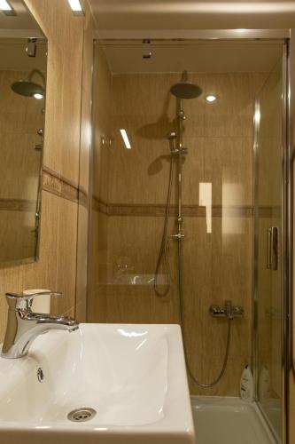 a bathroom with a sink and a shower with a mirror at Fagaras Cosy Flat in Făgăraş