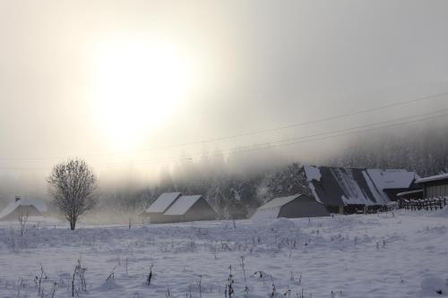 a snow covered field with houses and a building at Urlaub am Bio-Bauernhof Liebchen in Zeutschach