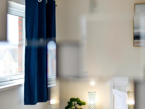 a blue curtain next to a window with a plant at Swansea Marina - Sleeps 4 - Underground parking in Swansea